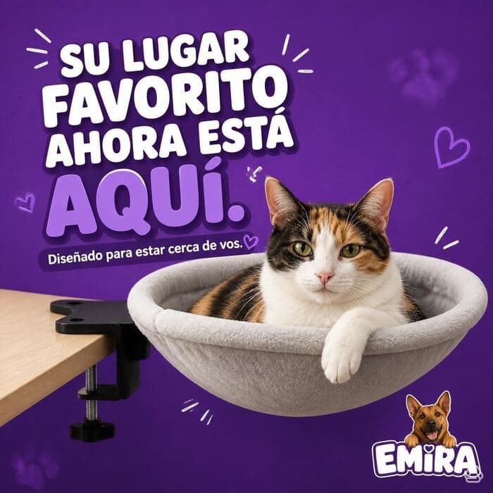 Publicación de EMIRA: gato descansando en el nido EMIRA, con el texto Su lugar favorito ahora está aquí