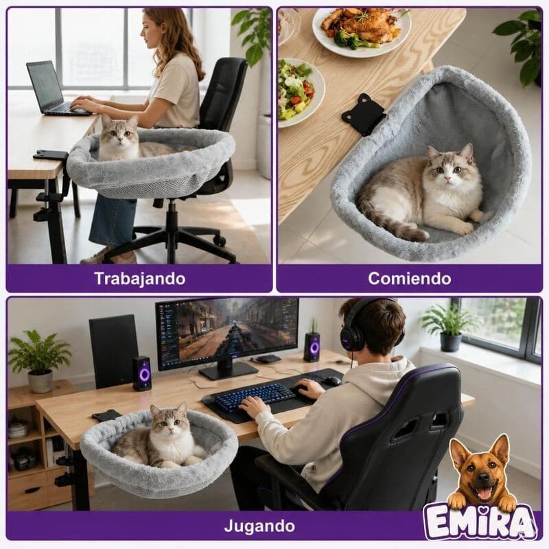 Publicación de EMIRA con tres escenas: el gato trabajando, comiendo y jugando junto a su humano, cada uno en su nido EMIRA