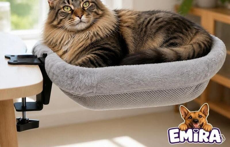 Gato grande y peludo descansando cómodamente dentro del nido EMIRA