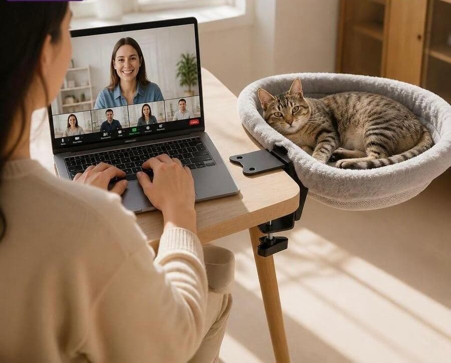 Mujer trabajando en videollamada mientras su gato descansa en el nido EMIRA instalado en el borde del escritorio
