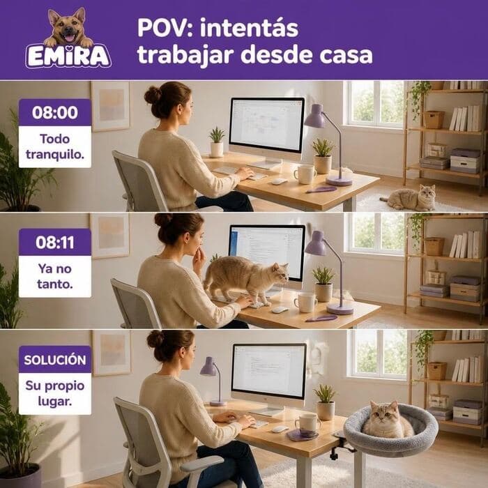 Secuencia que muestra a una persona trabajando: a las 8:00 todo tranquilo, a las 8:11 el gato ya está sobre el teclado, y la solución final con el gato descansando en su propio nido EMIRA