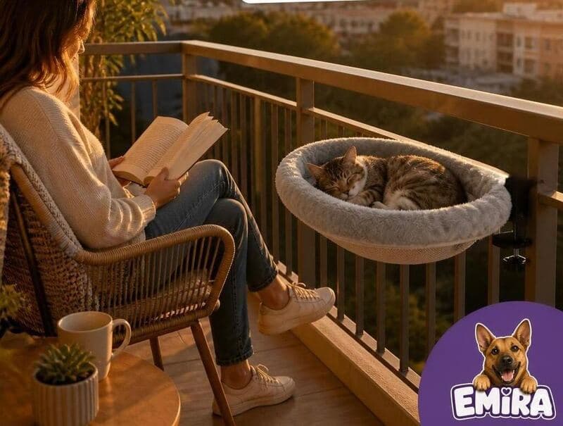Gato durmiendo en el nido EMIRA instalado en la baranda de un balcón, con una persona leyendo cerca