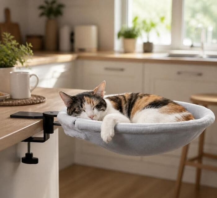 Gato durmiendo en el nido EMIRA instalado en el borde de una barra de cocina