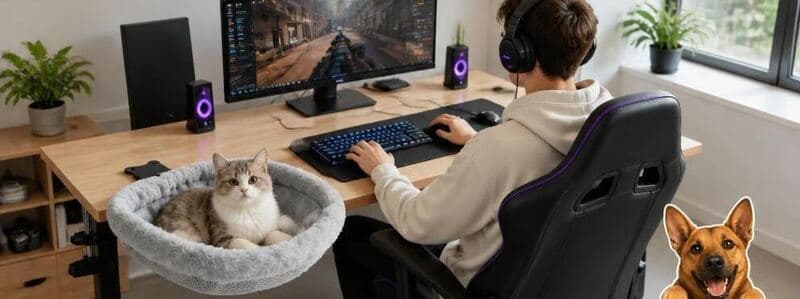 Gato descansando en el nido EMIRA junto a una persona jugando en su computadora