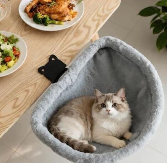 Gato en el nido EMIRA instalado en el borde de una mesa