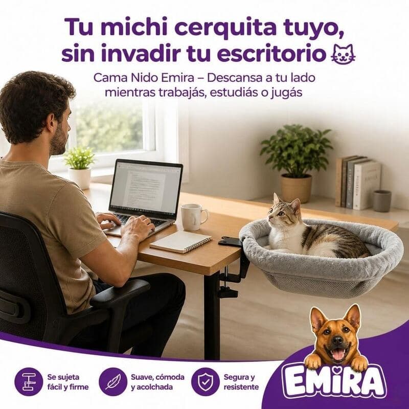 Hombre trabajando en su notebook junto a su gato, descansando en el nido EMIRA instalado en una repisa de madera